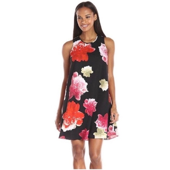 Calvin Klein Floral Sleeveless Dress - Black and Red - Picture 1 of 15